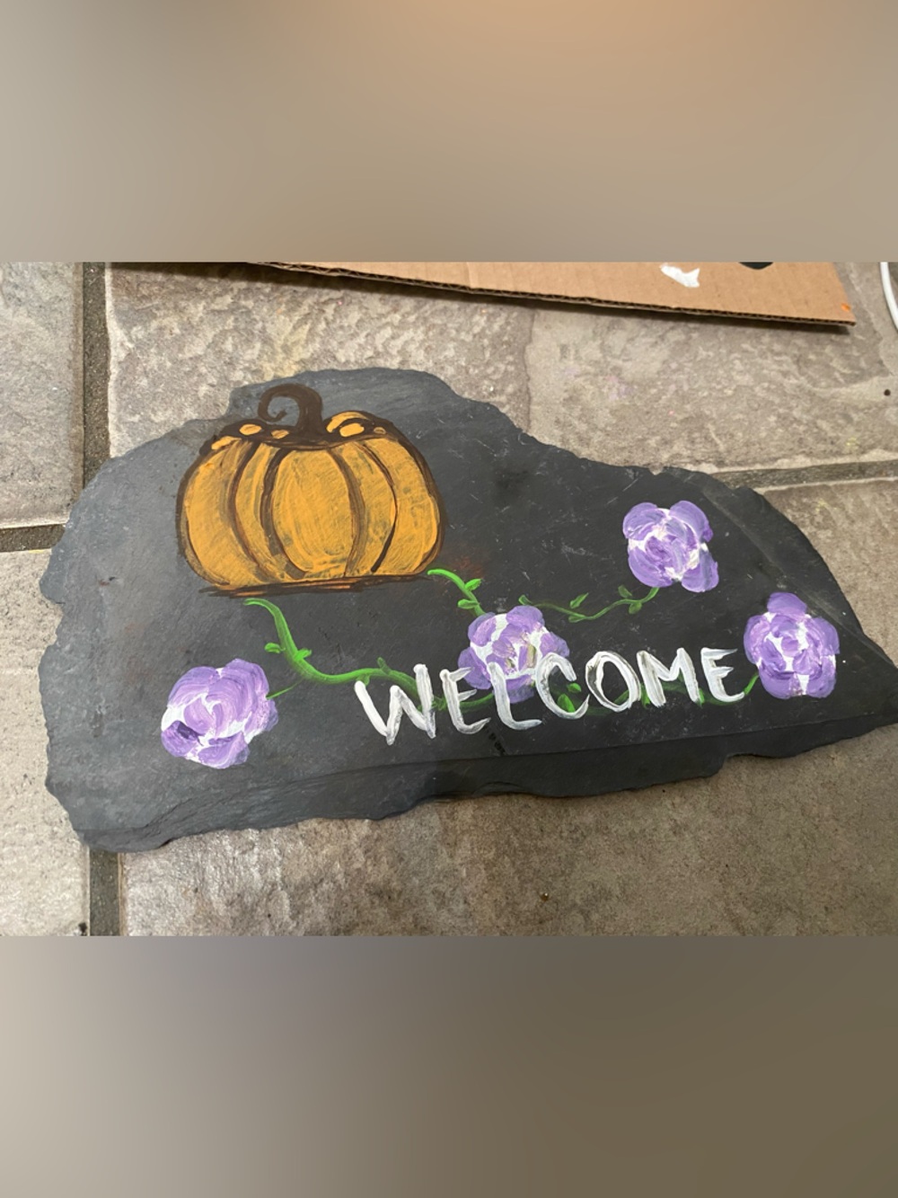 Vintage Hand-Painted Slate Art with Purple Flowers and Gold Pumpkin Handmade